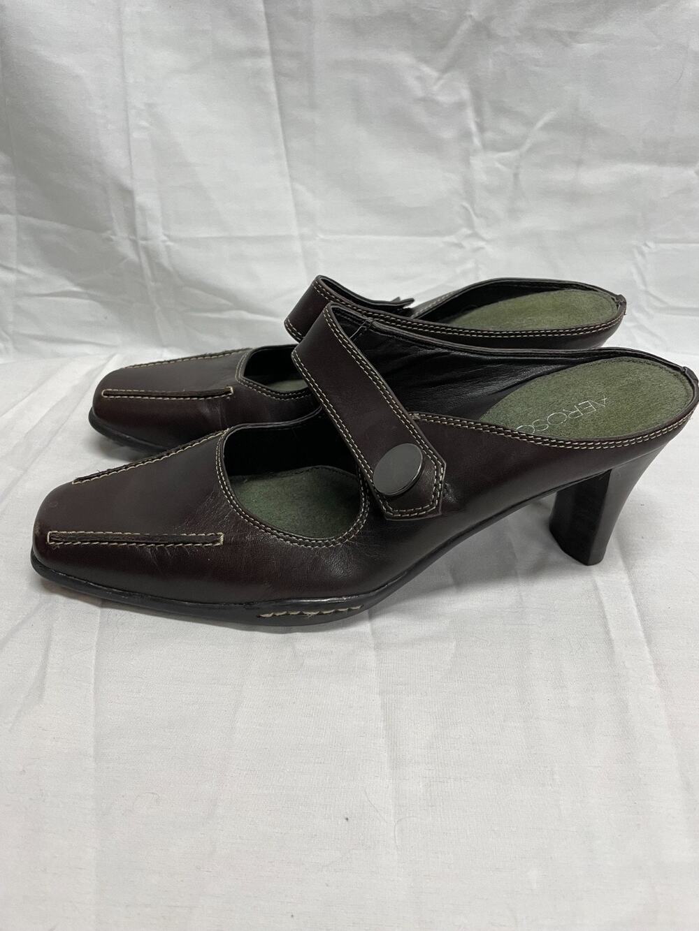 Aerosoles Women's Brown Leather Mules Sugar Snap Shoes Size 7.5 Block Heel